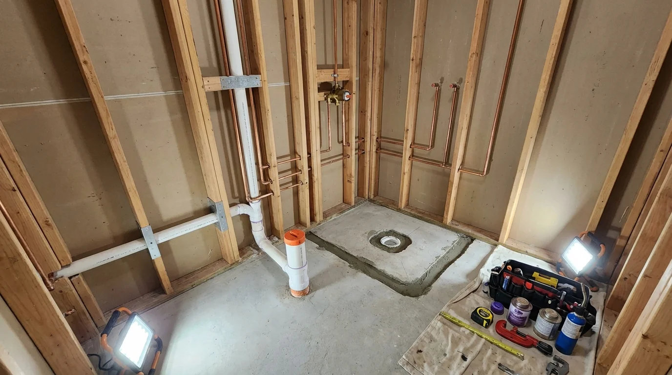 Bathroom rough-in plumbing during remodel by Johns Plumbing LLC in Port Clinton