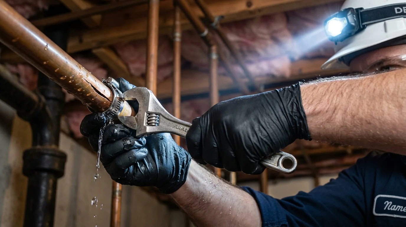 Emergency pipe clamp repair being performed by a Johns Plumbing LLC plumber in Port Clinton