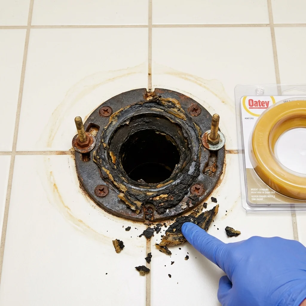 Failed wax ring showing water seepage at the base of a toilet in a Port Clinton, OH home