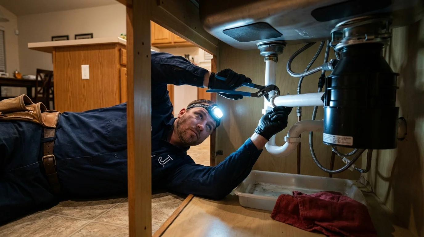P-trap and supply line connections under a kitchen sink showing a common leak point in Port Clinton, OH